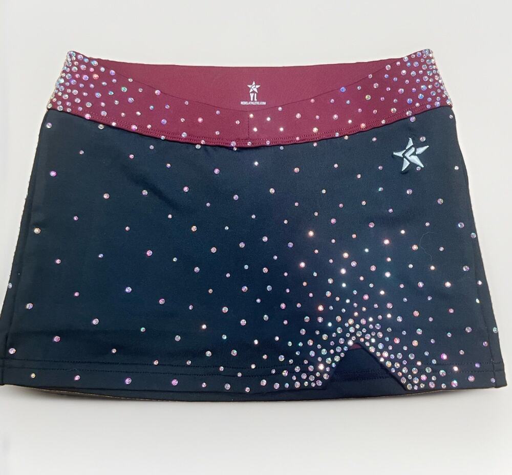 Rebel Athletic Rhinestone Youth Large Cheer Skirt Skort Size YL Burgundy Black